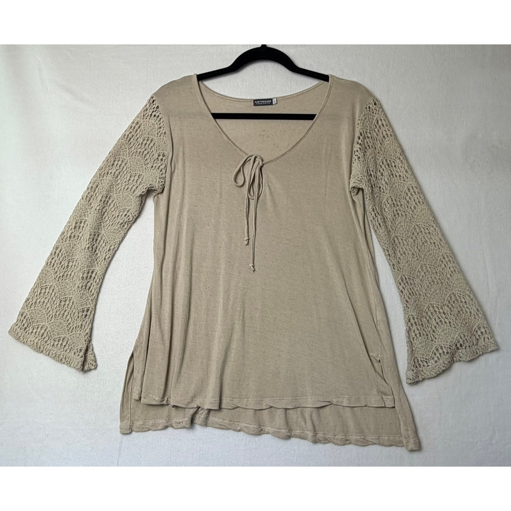 Earthbound Trading Co Beige Crochet Lace Bell Sleeve Boho Tunic Top Large